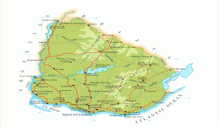 Kaart (kartograafia)-Uruguay-detailed_physical_map_of_uruguay_with_roads.jpg